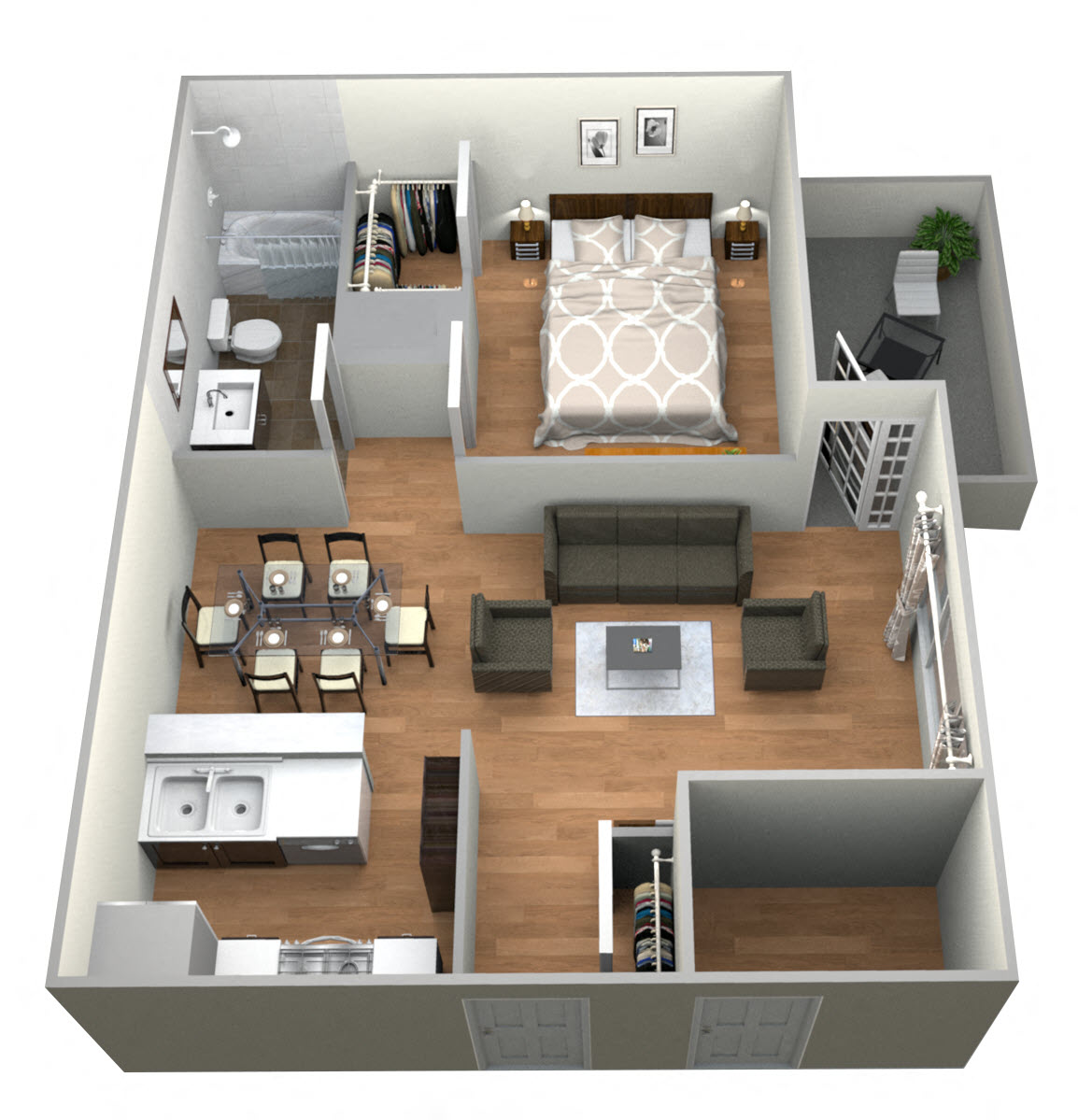 Floor plan for 1 bed, 1 bath, 746 sqft